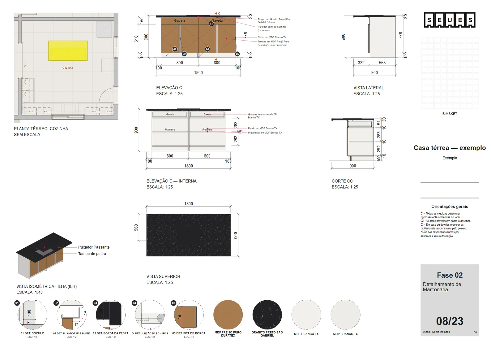 Fase 02: ilha da casa de exemplo — Elevação C com chamadas de material, o tipo de cada porta escrito (Giro) e os detalhes numerados (entre eles o DET. GAVETA E CORREDIÇA), Elevação C — interna, vista lateral, Corte CC e vista superior; peça pequena, ampliada a 1:20