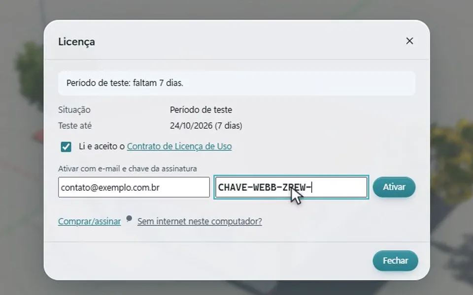 Janela Licença do BIMSKET com o aceite do Contrato de Licença de Uso, o e-mail da compra, a chave da assinatura e o botão Ativar