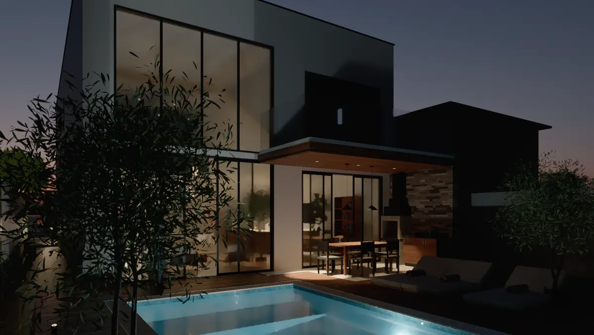 Render do sobrado na hora azul, com o céu escuro e as luzes do projeto acesas
