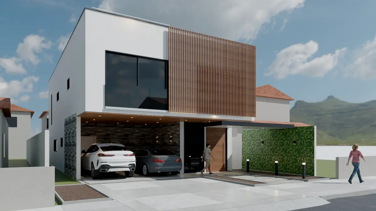 Render da fachada de um sobrado contemporâneo feito no BIMSKET: volume branco, brise de madeira, garagem para dois carros e jardim na calçada