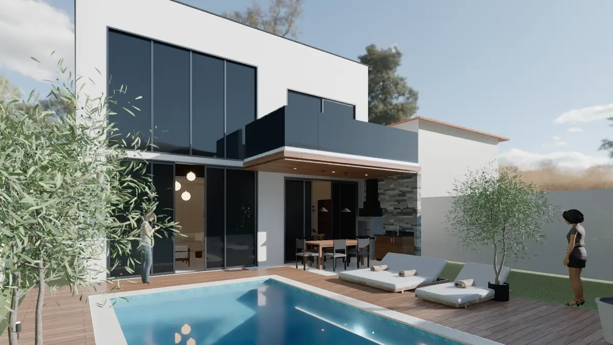 Fundos do sobrado: área gourmet coberta, deck e piscina